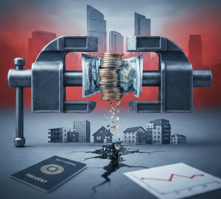 High-value financial concept with a clamp and dollar bills representing economic pressure and mortgage investments.