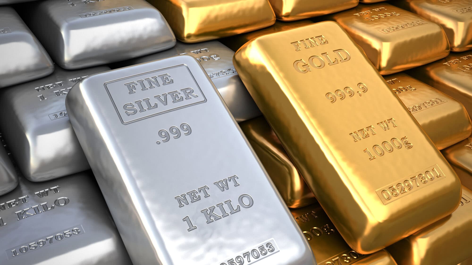 Silver ingot and gold bullion. Finance illustration Gold and silver