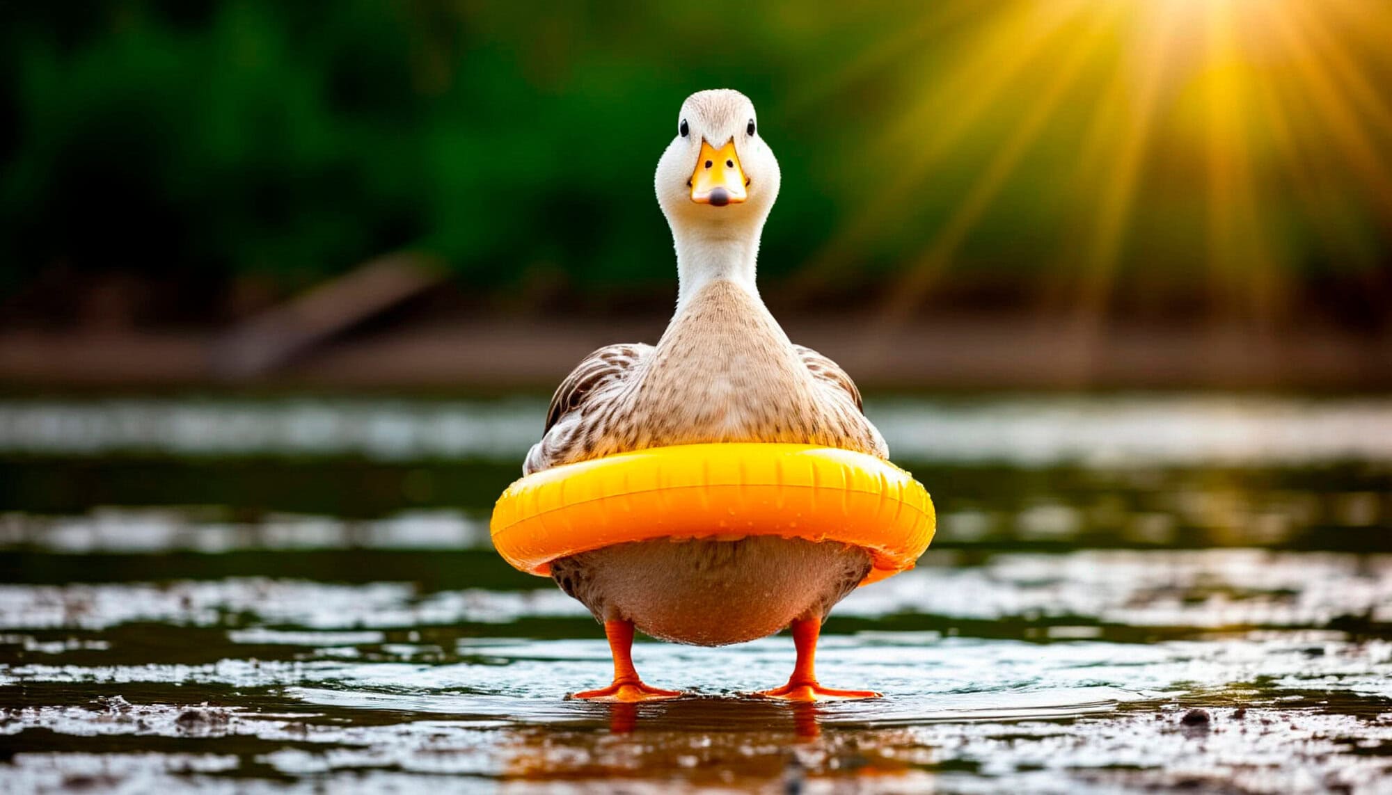 Ironic duck in a life preserver on dry land – the irony of unnecessary protection IHT protection when it's not needed.