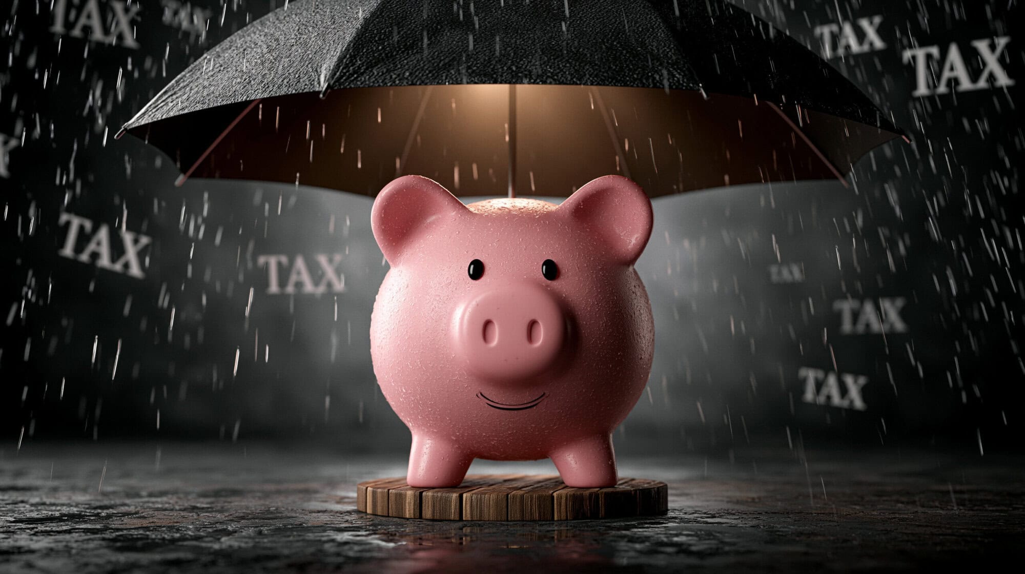 Tax Protection: A piggy bank stands under an umbrella in the rain, symbolizing financial protection against tax burdens. Words TAX are falling like rain around the scene. UK pensions can be nearly tax free in the Czech Republic