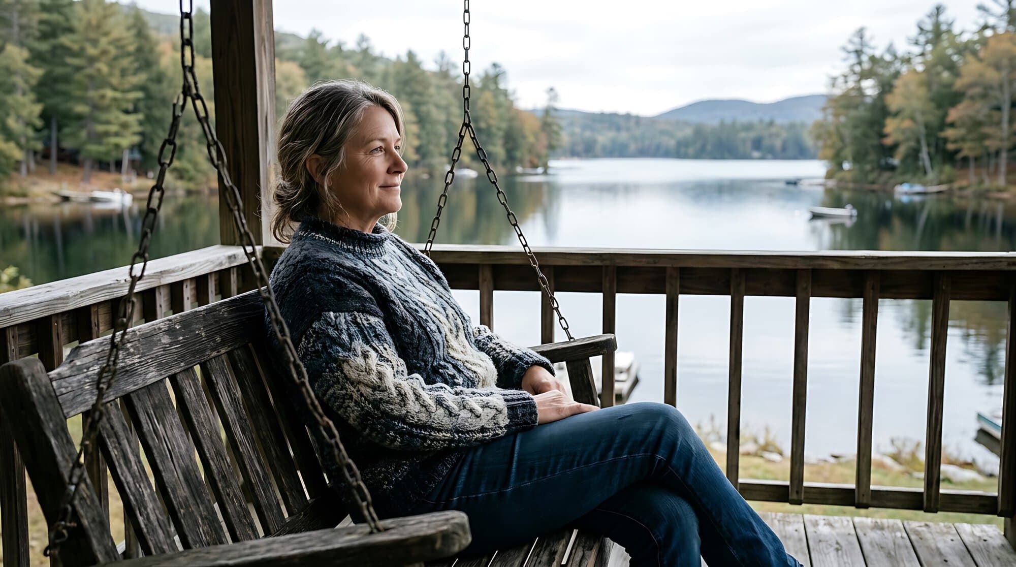 Mature woman relaxing on a porch swing overlooking a peaceful lake The best retirement advice may be to do nothing at all.