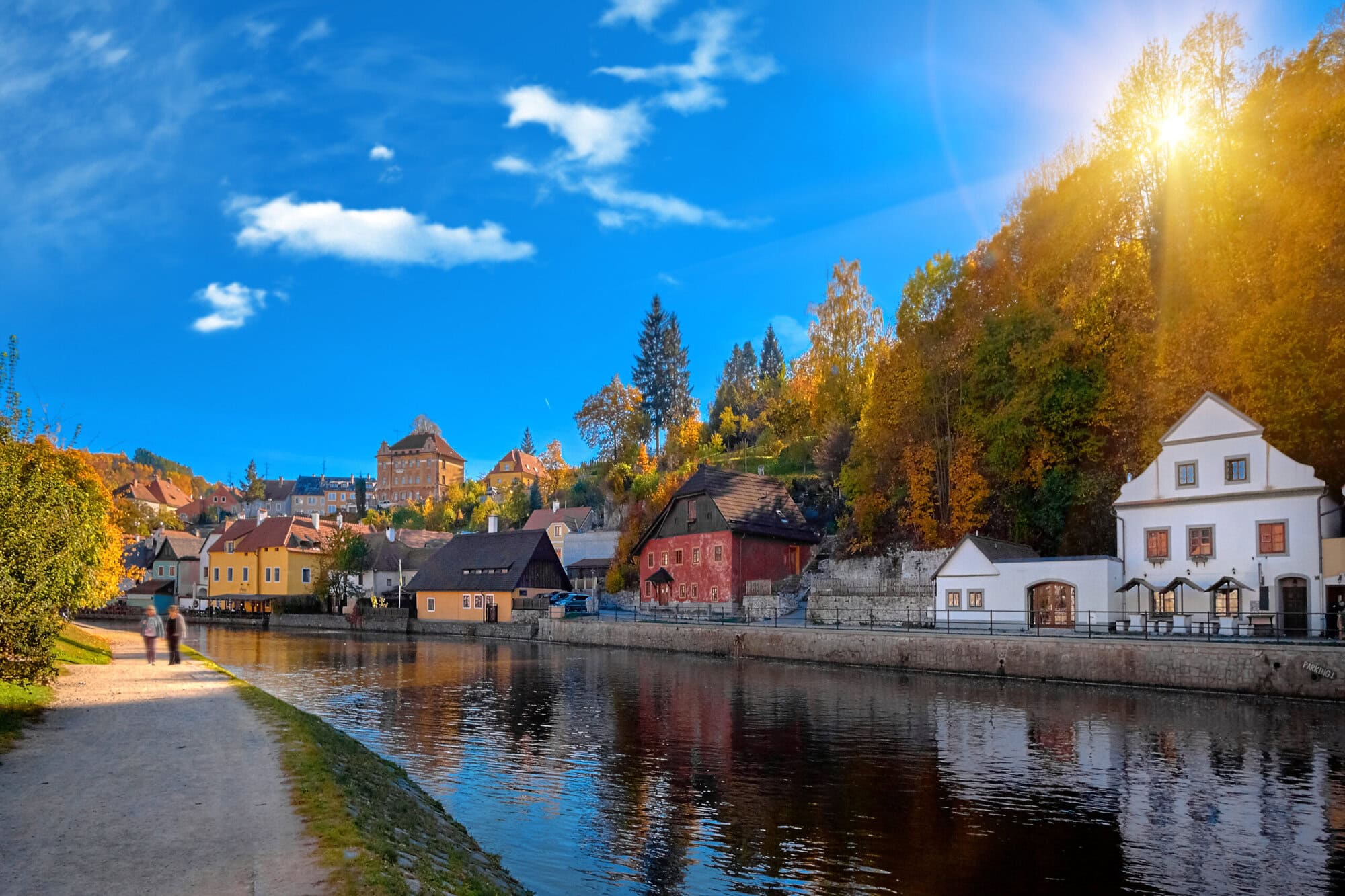 Beautiful sunset over historic centre of Chesky Krumlov old town in the South Bohemian Region of the Czech Republic on Vltava River. UNESCO World Heritage Site Cesky Krumlov, Czech Republic