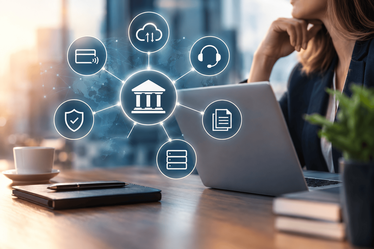 Banka propojená s externími dodavateli cloudových služeb, plateb, dokumentace a zákaznické podpory, znázorněná jako síť vzájemně propojených služeb kolem centrální finanční instituce.